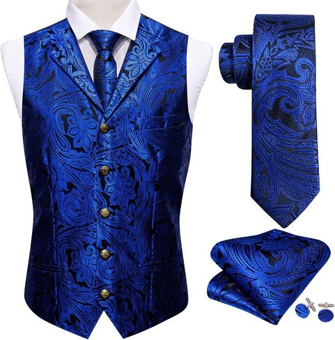 Barry.Wang Mens Silk Lapel/Shawl Collar Vest Tie Sleeve Holder Set Formal/Casual Paisley Vests Wedding Tuxedo Waistcoat in Saudi Arabia