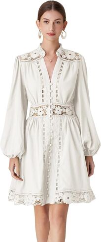 Lai Meng Five Cats Women's V-Deace Lace Long Long Sleeve Sleeve Button Up Disual Mini Dress in Saudi Arabia