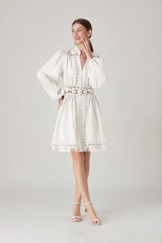 Lai Meng Five Cats Women's V-Deace Lace Long Long Sleeve Sleeve Button Up Disual Mini Dress in Saudi Arabia