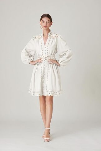 Lai Meng Five Cats Women's V-Deace Lace Long Long Sleeve Sleeve Button Up Disual Mini Dress in Saudi Arabia