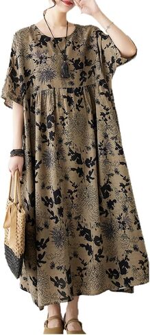 Ellazhu المرأة الصيفية قصيرة الأكمام maxi الطول الصلبة colord الأزهار المطبوعة المطبوعة فستان ga2677 in Saudi Arabia