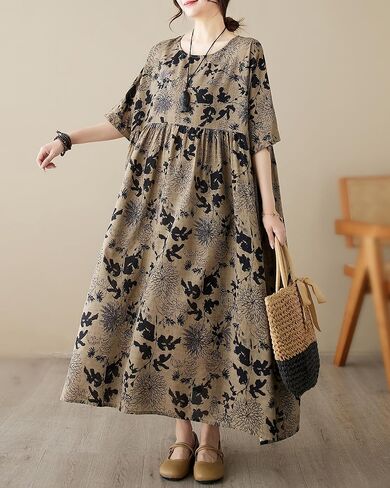 Ellazhu المرأة الصيفية قصيرة الأكمام maxi الطول الصلبة colord الأزهار المطبوعة المطبوعة فستان ga2677 in Saudi Arabia