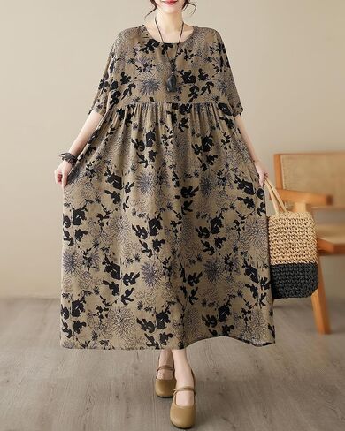 Ellazhu المرأة الصيفية قصيرة الأكمام maxi الطول الصلبة colord الأزهار المطبوعة المطبوعة فستان ga2677 in Saudi Arabia