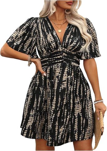 Floerns Women's Plus Size Printed V Neck Short Sleeve Ruffle Hem Summer Short Dresses in Saudi Arabia
