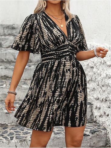 Floerns Women's Plus Size Printed V Neck Short Sleeve Ruffle Hem Summer Short Dresses in Saudi Arabia