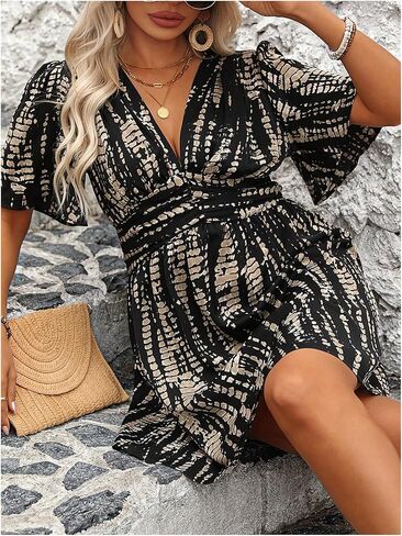 Floerns Women's Plus Size Printed V Neck Short Sleeve Ruffle Hem Summer Short Dresses in Saudi Arabia