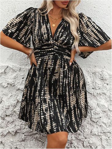Floerns Women's Plus Size Printed V Neck Short Sleeve Ruffle Hem Summer Short Dresses in Saudi Arabia