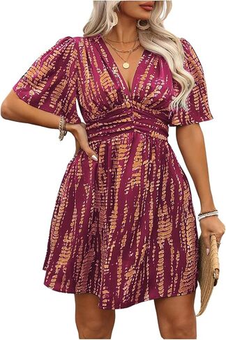 Floerns Women's Plus Size Printed V Neck Short Sleeve Ruffle Hem Summer Short Dresses in Saudi Arabia