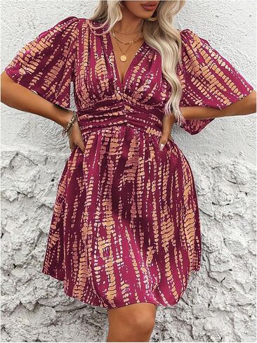 Floerns Women's Plus Size Printed V Neck Short Sleeve Ruffle Hem Summer Short Dresses in Saudi Arabia