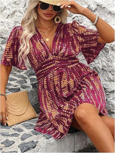 Floerns Women's Plus Size Printed V Neck Short Sleeve Ruffle Hem Summer Short Dresses in Saudi Arabia