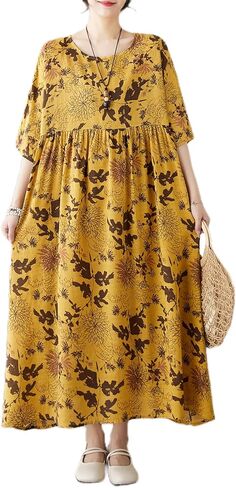 ellazhu Women's Summer Short Sleeve Maxi Length Solid Colord Floral Printed Patchwork Dress GA2677 in Saudi Arabia