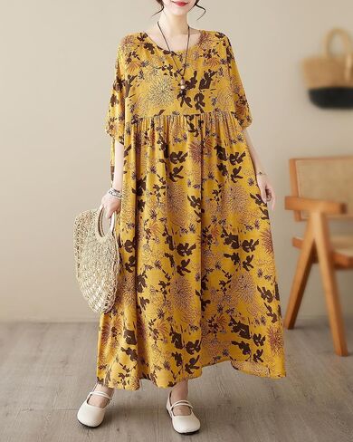 ellazhu Women's Summer Short Sleeve Maxi Length Solid Colord Floral Printed Patchwork Dress GA2677 in Saudi Arabia