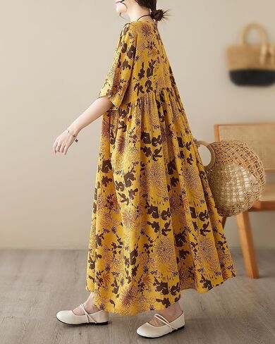 ellazhu Women's Summer Short Sleeve Maxi Length Solid Colord Floral Printed Patchwork Dress GA2677 in Saudi Arabia