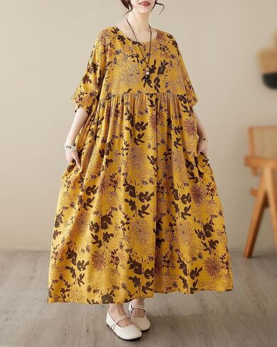 ellazhu Women's Summer Short Sleeve Maxi Length Solid Colord Floral Printed Patchwork Dress GA2677 in Saudi Arabia