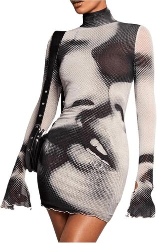Soly Hux للنساء الرسومي للطباعة Bodycon Mini Dress Turtleneck in Saudi Arabia