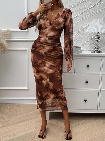 Women Dresses Long Sleeved Deep V-Neck Long Dress Tight Fitting Dress Hip Hugging Dress Casual Autumn Elegant Wrap Dresses in Saudi Arabia