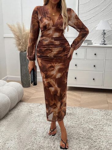 Women Dresses Long Sleeved Deep V-Neck Long Dress Tight Fitting Dress Hip Hugging Dress Casual Autumn Elegant Wrap Dresses in Saudi Arabia