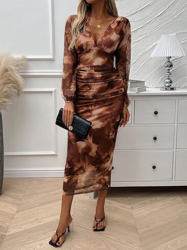 Women Dresses Long Sleeved Deep V-Neck Long Dress Tight Fitting Dress Hip Hugging Dress Casual Autumn Elegant Wrap Dresses in Saudi Arabia