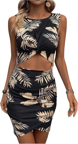 SweatyRocks Women's Tropical Print Mini Dress Cut Out Twist Sleeveless Beach Vacation Dresses in Saudi Arabia