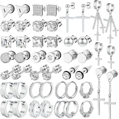 Newitin 24 أزواج أقراط الفولاذ المقاوم للصدأ للرجال للرجال Hypoallergenic Zirconia Zirconia Studs Hoop arring Cross Dangle أقراط للجنسين البانك. in Kuwait