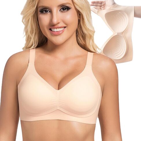PRETTYWELL Wireless Bras for Women Molded Cup Comfort Seamless Push up No Underwire V-Neck Everyday Bra A to D Cup in Kuwait