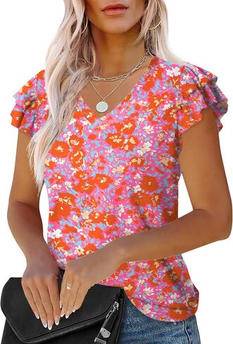 LUYAA Women's Ruffle Short Sleeve Tunic Tops V Neck Knit Ribbed T Shirts Blouses in Kuwait