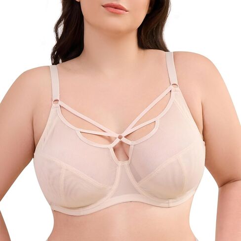 sheroine Lace Underwire Sexy Strappy Bra Plus Size See Through Unlined Full Coverage Bras in Kuwait