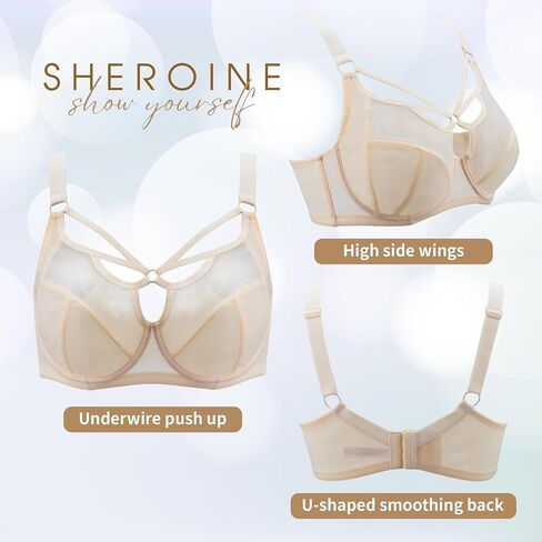 sheroine Lace Underwire Sexy Strappy Bra Plus Size See Through Unlined Full Coverage Bras in Kuwait