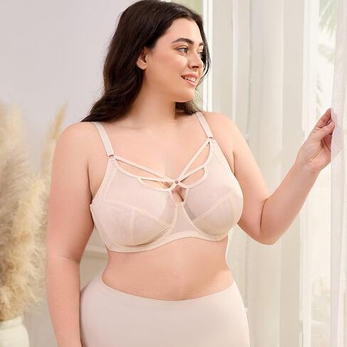 sheroine Lace Underwire Sexy Strappy Bra Plus Size See Through Unlined Full Coverage Bras in Kuwait