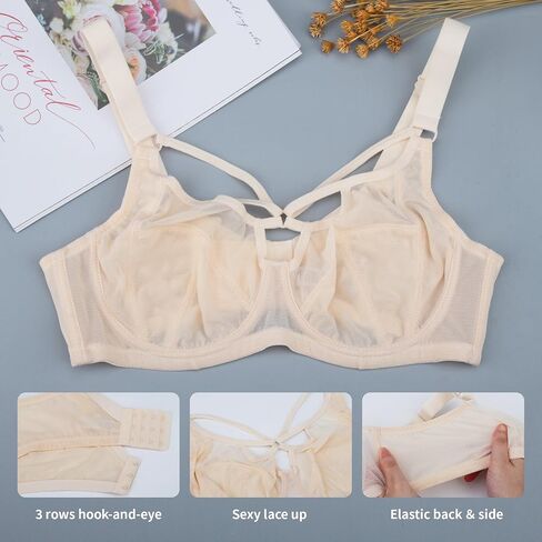 sheroine Lace Underwire Sexy Strappy Bra Plus Size See Through Unlined Full Coverage Bras in Kuwait