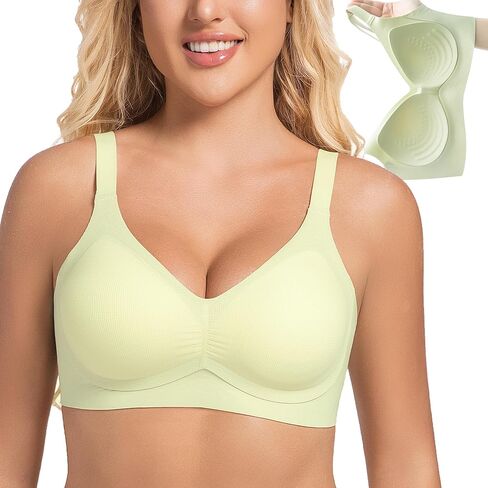 PRETTYWELL Wireless Bras for Women Molded Cup Comfort Seamless Push up No Underwire V-Neck Everyday Bra A to D Cup in Kuwait
