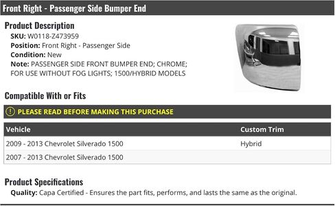 نهاية الصدمات الأمامية الجانبية للركاب الأيمن - Chrome - متوافق مع 2007-2013 Chevy Silverado 1500 (بدون أضواء الضباب) in Saudi Arabia