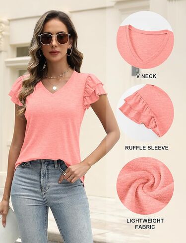LUYAA Women's Ruffle Short Sleeve Tunic Tops V Neck Knit Ribbed T Shirts Blouses in Kuwait