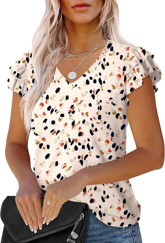 LUYAA Women's Ruffle Short Sleeve Tunic Tops V Neck Knit Ribbed T Shirts Blouses in Kuwait