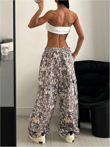 Gorglitter نساء كامو طباعة السراويل الطويلة السراويل الخصر سراويل الساق مستقيمة مع جيوب in Kuwait