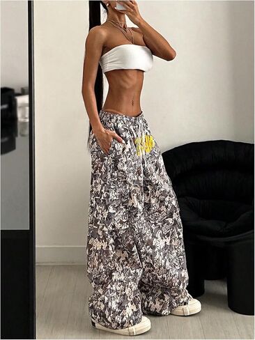 Gorglitter نساء كامو طباعة السراويل الطويلة السراويل الخصر سراويل الساق مستقيمة مع جيوب in Kuwait