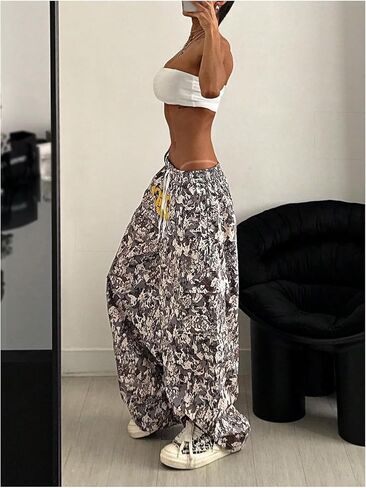 Gorglitter نساء كامو طباعة السراويل الطويلة السراويل الخصر سراويل الساق مستقيمة مع جيوب in Kuwait
