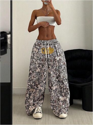 Gorglitter نساء كامو طباعة السراويل الطويلة السراويل الخصر سراويل الساق مستقيمة مع جيوب in Kuwait