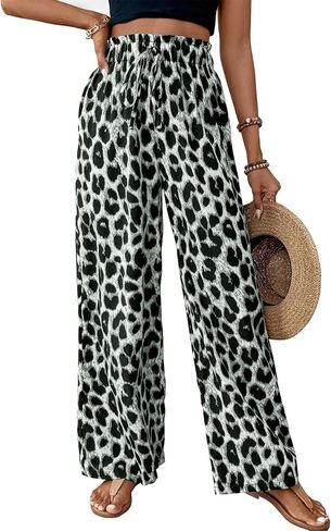 Nicetage Womens Leopard Print Wide Leg leghes High Phecty Palazzo Plansers Beach Vacation Admits Admits Summer in Kuwait