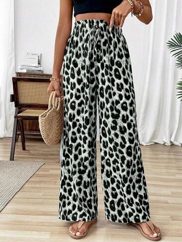 Nicetage Womens Leopard Print Wide Leg leghes High Phecty Palazzo Plansers Beach Vacation Admits Admits Summer in Kuwait