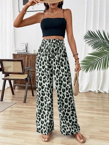 Nicetage Womens Leopard Print Wide Leg leghes High Phecty Palazzo Plansers Beach Vacation Admits Admits Summer in Kuwait