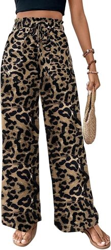 Nicetage Womens Leopard Print Wide Leg leghes High Phecty Palazzo Plansers Beach Vacation Admits Admits Summer in Kuwait
