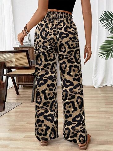 Nicetage Womens Leopard Print Wide Leg leghes High Phecty Palazzo Plansers Beach Vacation Admits Admits Summer in Kuwait