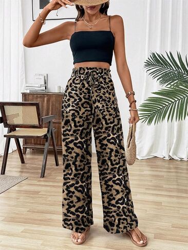 Nicetage Womens Leopard Print Wide Leg leghes High Phecty Palazzo Plansers Beach Vacation Admits Admits Summer in Kuwait