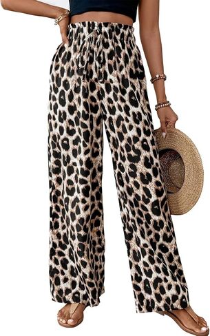 Nicetage Womens Leopard Print Wide Leg leghes High Phecty Palazzo Plansers Beach Vacation Admits Admits Summer in Kuwait