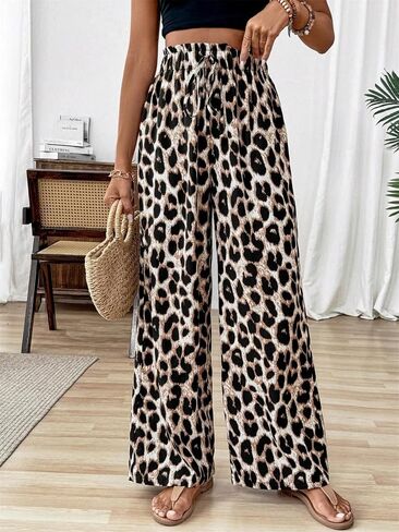 Nicetage Womens Leopard Print Wide Leg leghes High Phecty Palazzo Plansers Beach Vacation Admits Admits Summer in Kuwait