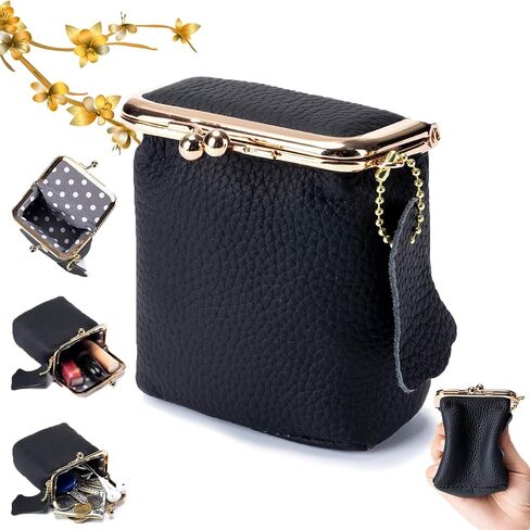 Genuine Leather Mini Jewelry Box, Portable Genuine Leather Mini Coin Jewelry Purse, Vintage Travel Jewelry Case Organizer with Kiss Lock, for Earring, Ring, Necklace Coin or Lipstick(Black) in Saudi Arabia