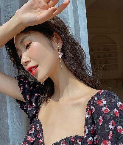Lakiyoyoo Pink Flower Flower أقراط للنساء اللطيفات لؤلؤة لؤلؤة الكرز الأكياس الرصاصة الرصاصة الصيف المنعش الساحلي الأقراط in Kuwait