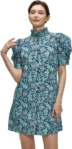 Women Summer Floral Mini Dress Ruffle Neck Puffer Sleeve Boho Beach Shift Dresses in Saudi Arabia