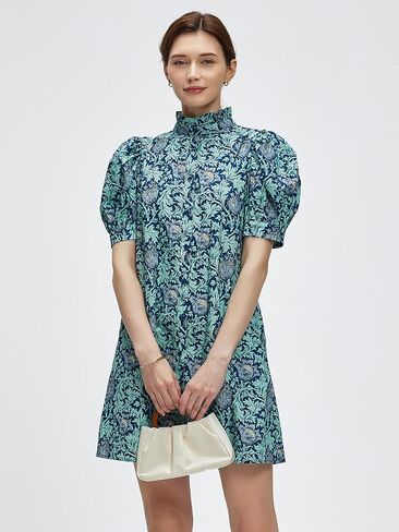 Women Summer Floral Mini Dress Ruffle Neck Puffer Sleeve Boho Beach Shift Dresses in Saudi Arabia